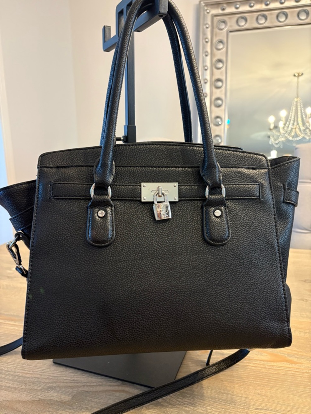 Dana Buchman Black Pebbled faux leather Satchel Silver Lock Crossbody Strap